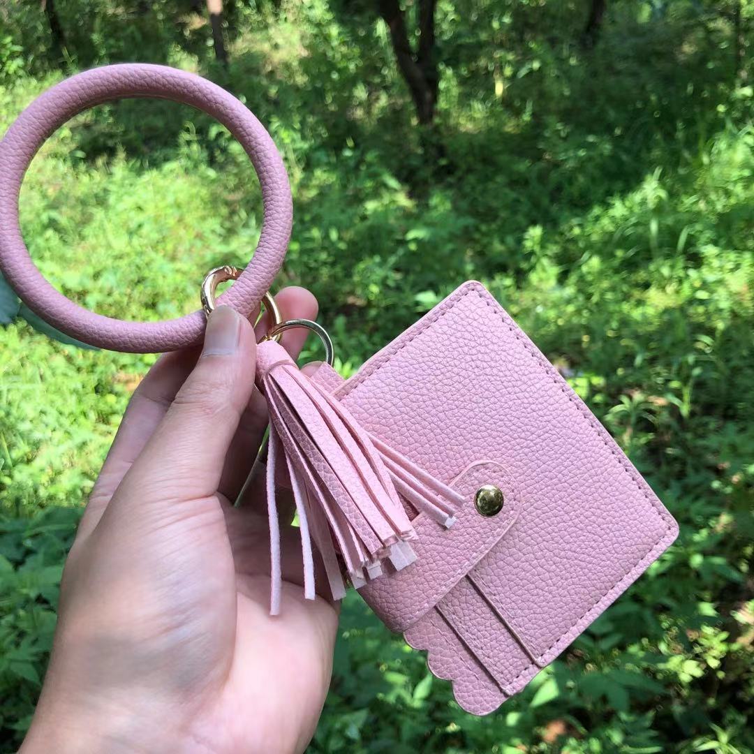 Venta al por mayor PU cuero leopardo cuero titular de la tarjeta muñeca llavero